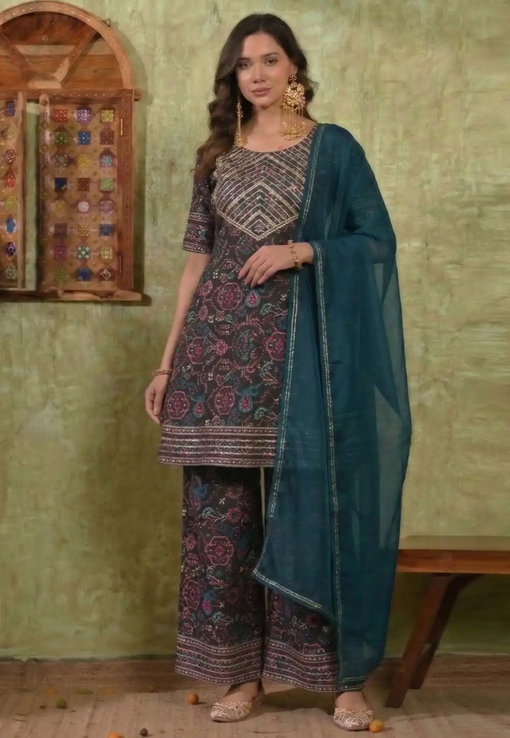 Black Rayon Readymade Palazzo Suit 328109