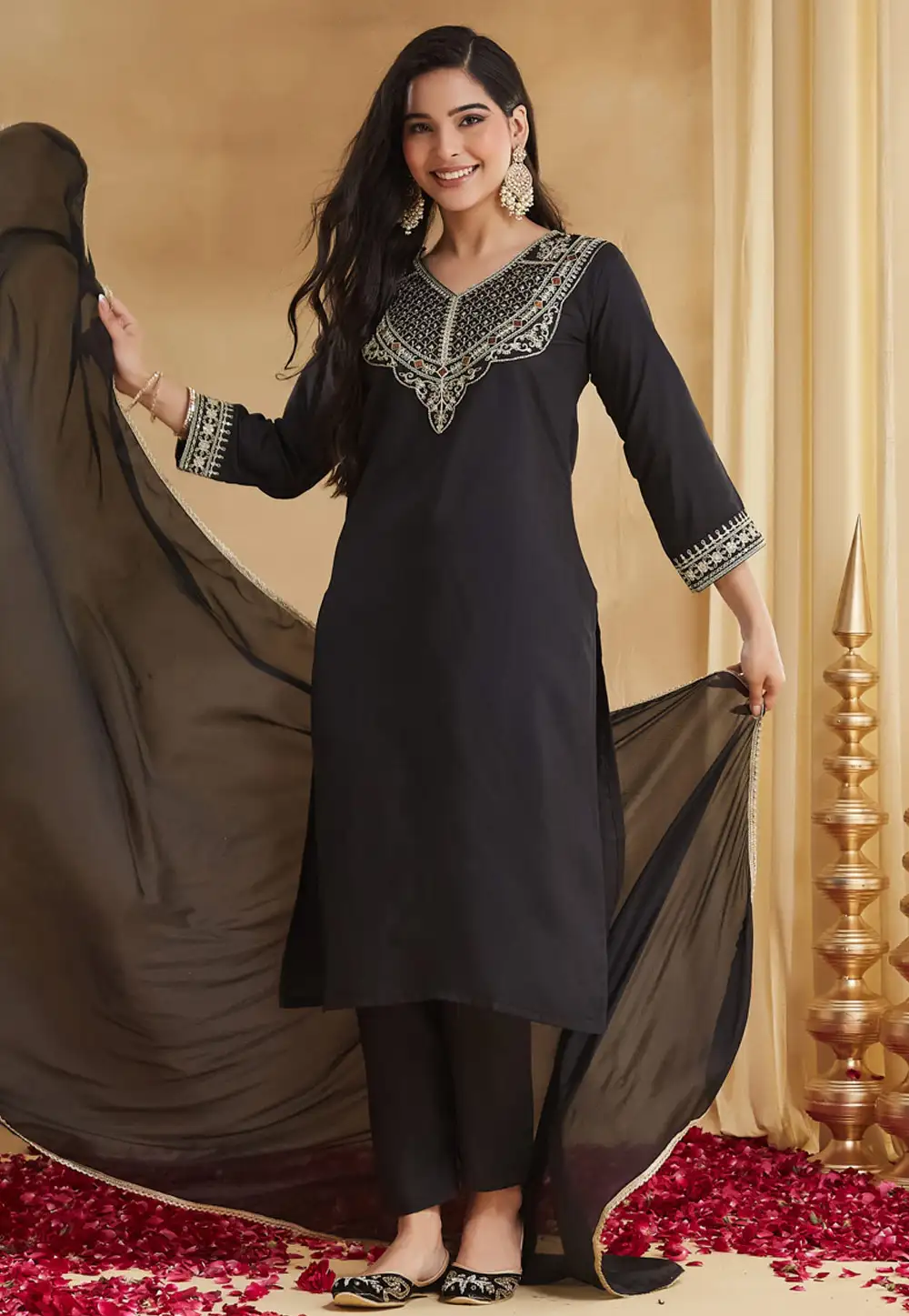 Black Rayon Readymade Pant Style Suit 330875