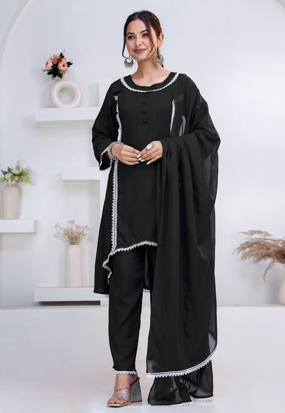 Black Rayon Readymade Pant Style Suit 325452