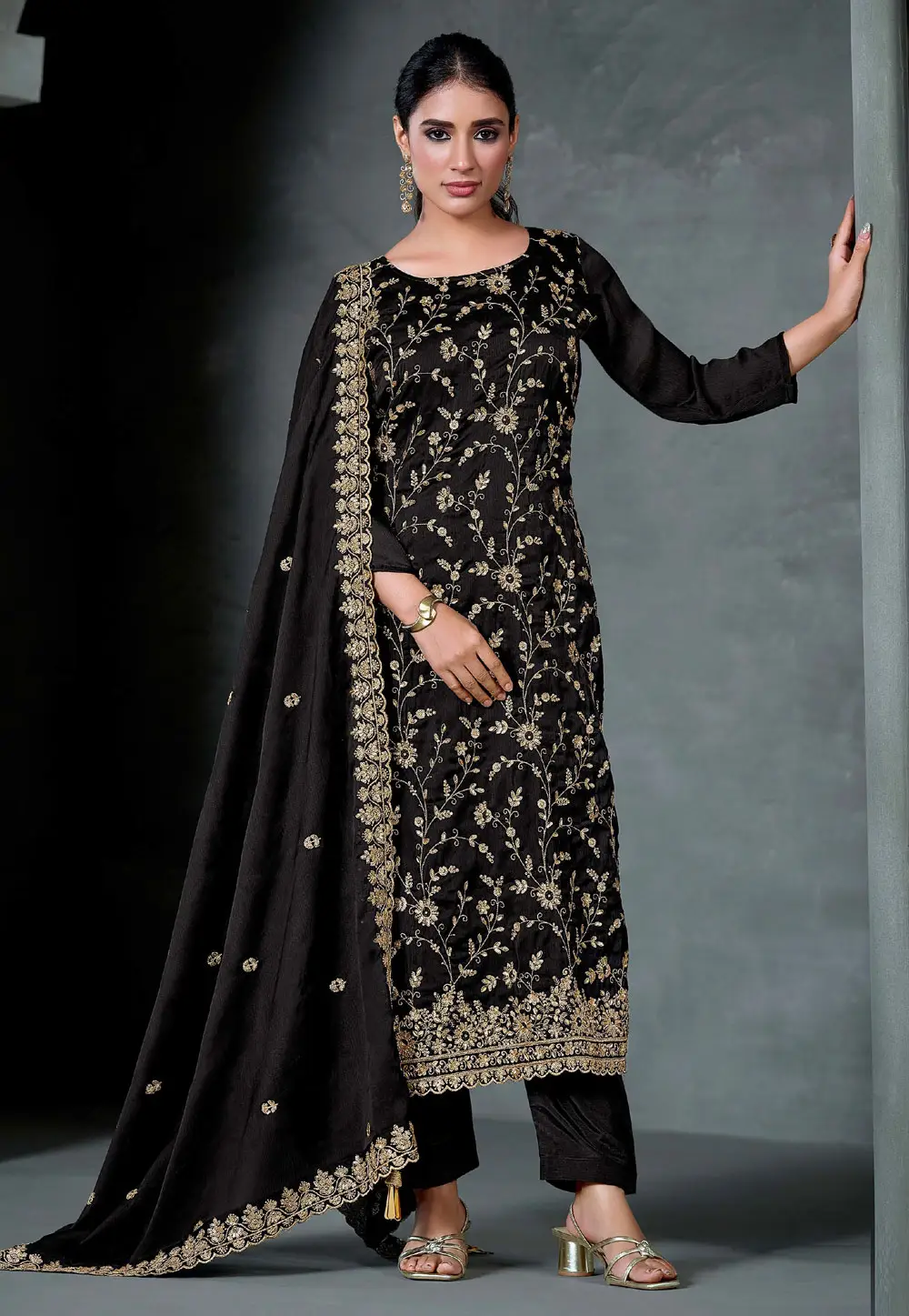 Black Satin Chiffon Embroidered Pant Style Suit 336774