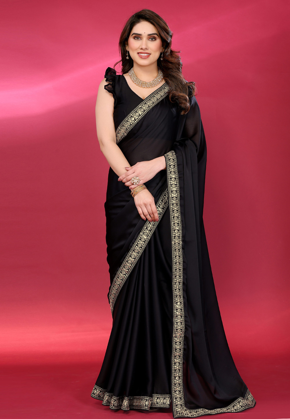 Black Satin Chiffon Saree With Blouse 327524
