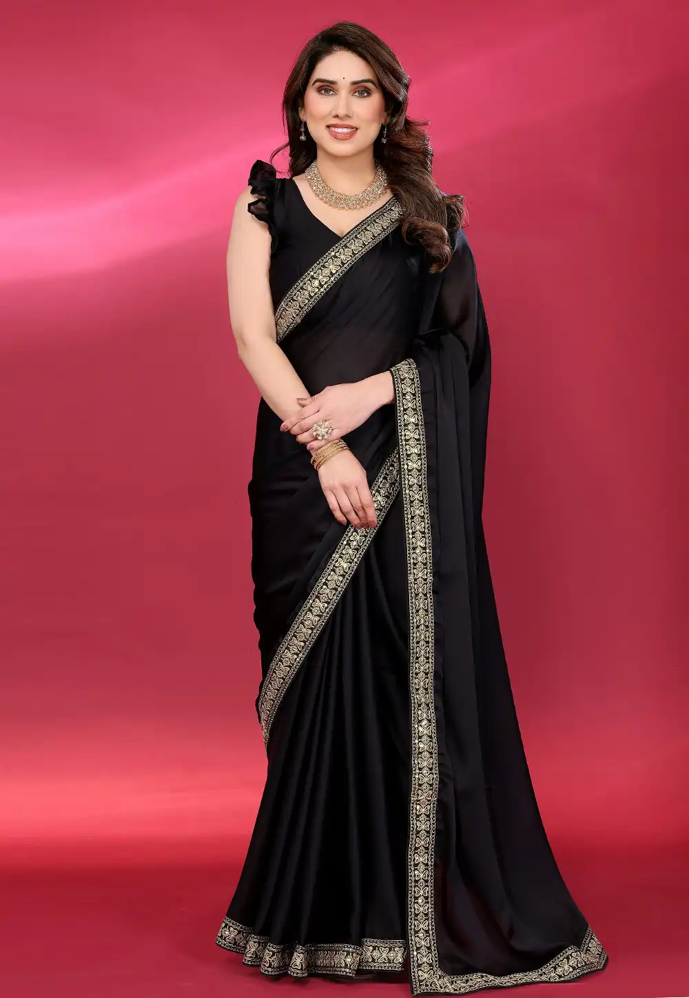 Black Satin Chiffon Saree With Blouse 327524