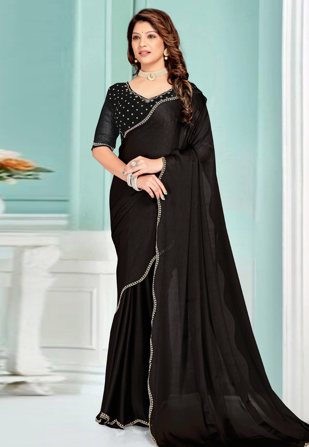 Black Satin Chiffon Saree With Blouse 311609