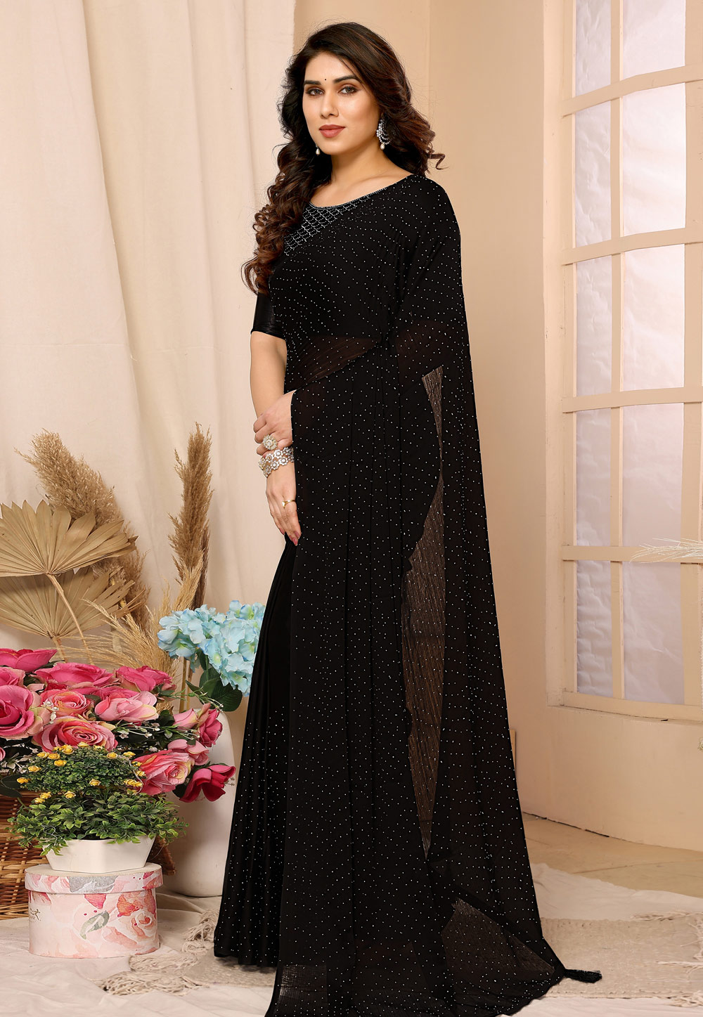 Black Satin Chiffon Saree With Blouse 284618