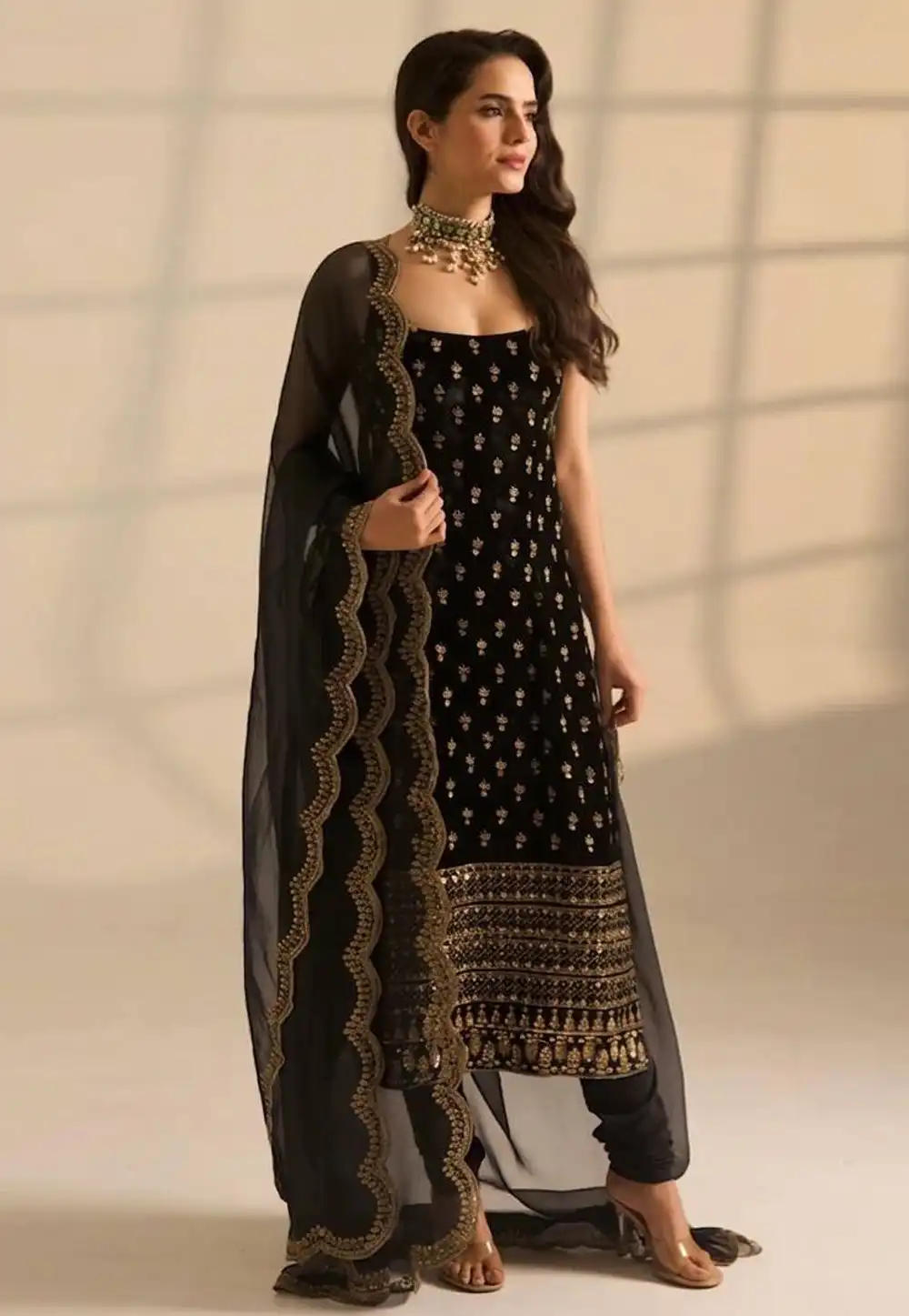 Black Satin Churidar Salwar Suit 326614