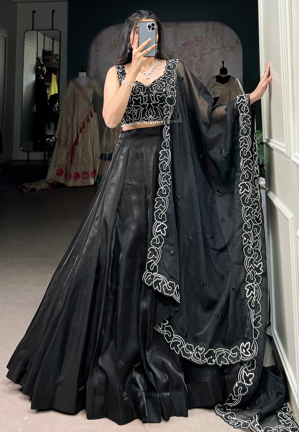 Black Satin Circular Lehenga Choli 306318