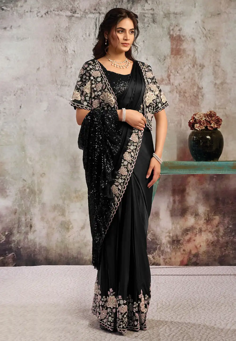 Black Satin Designer Saree 324410