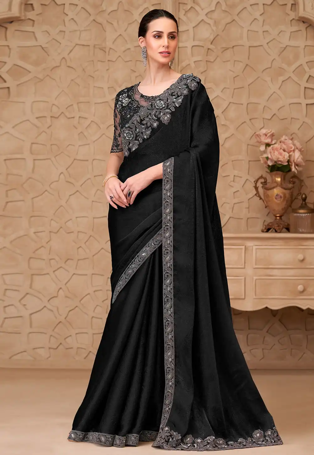 Black Satin Georgette Saree With Blouse 325700
