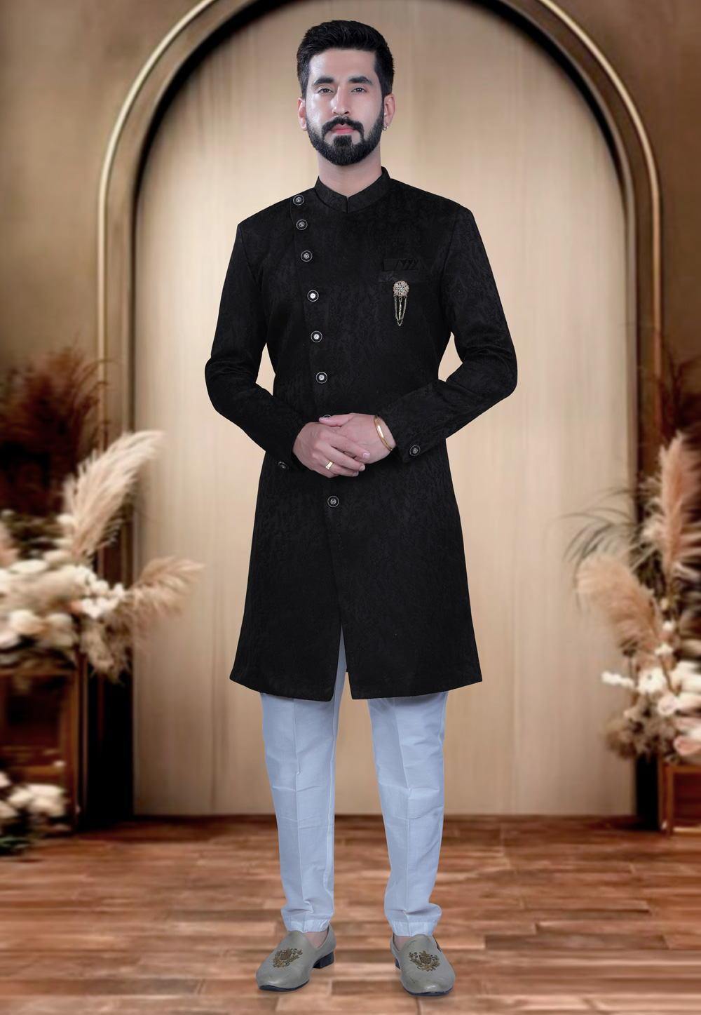 Black Satin Indo Western Sherwani 319675