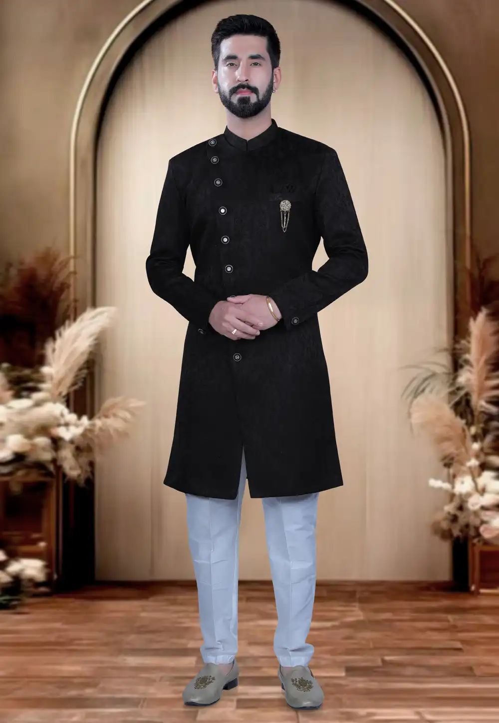 Black Satin Indo Western Sherwani 319675