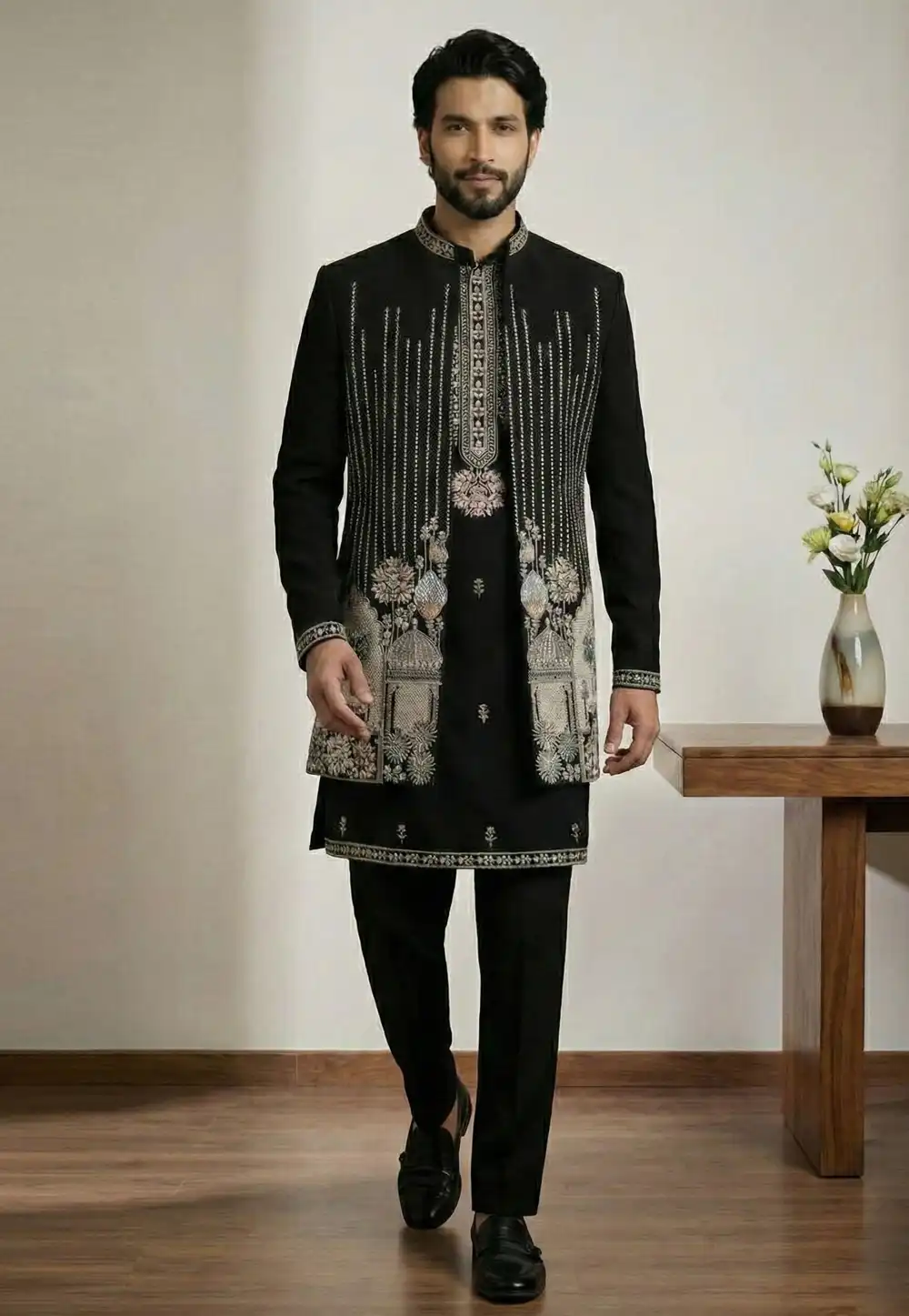 Black Satin Indo Western Suit 324107