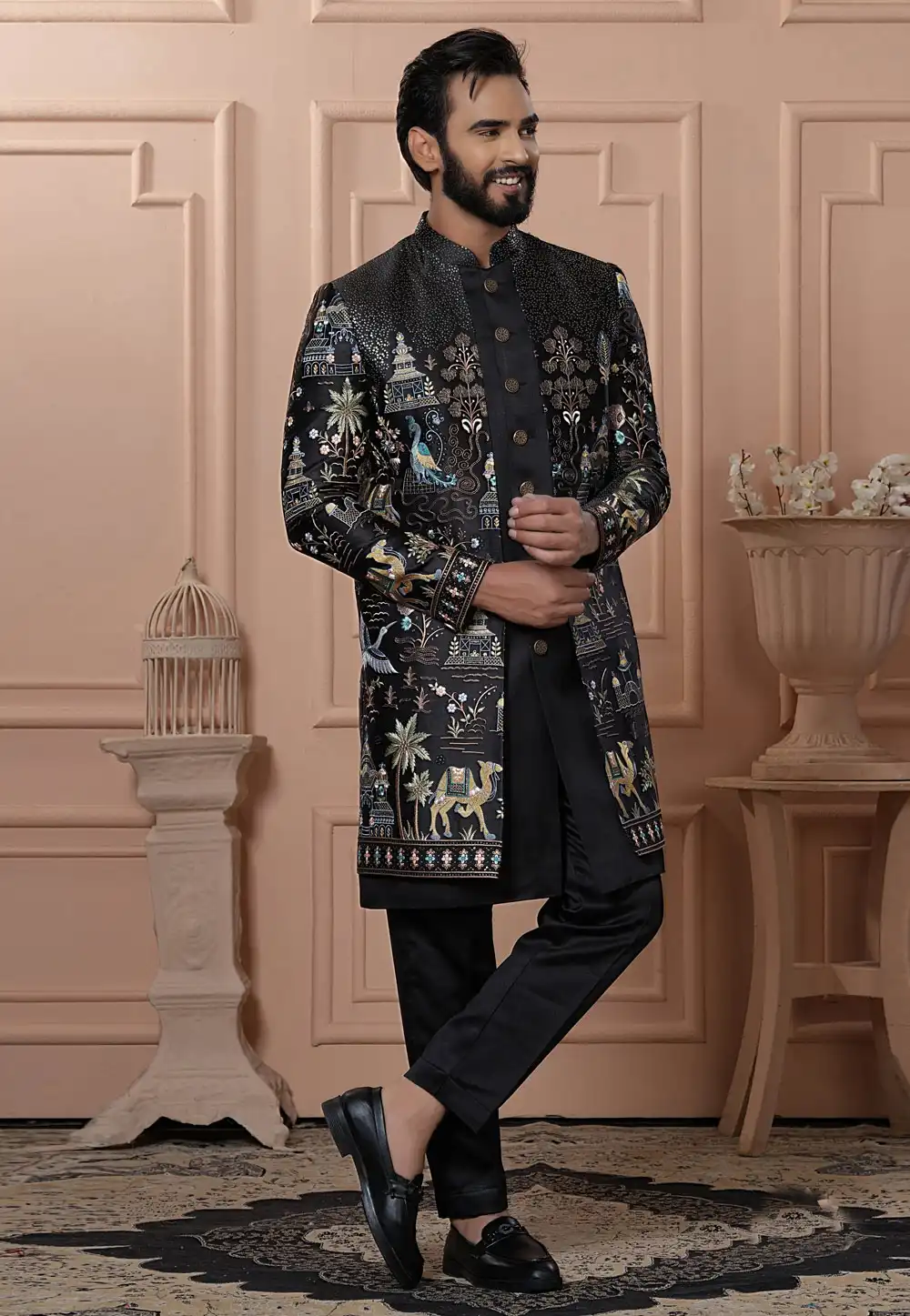 Black Satin Jacket Style Sherwani 315064