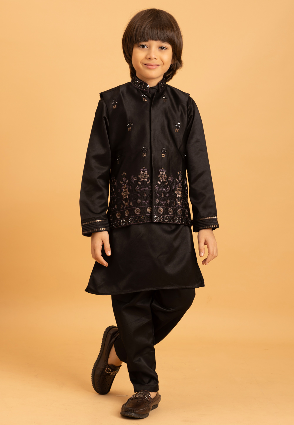 Black Satin Kids Kurta Pajama With Jacket 319219