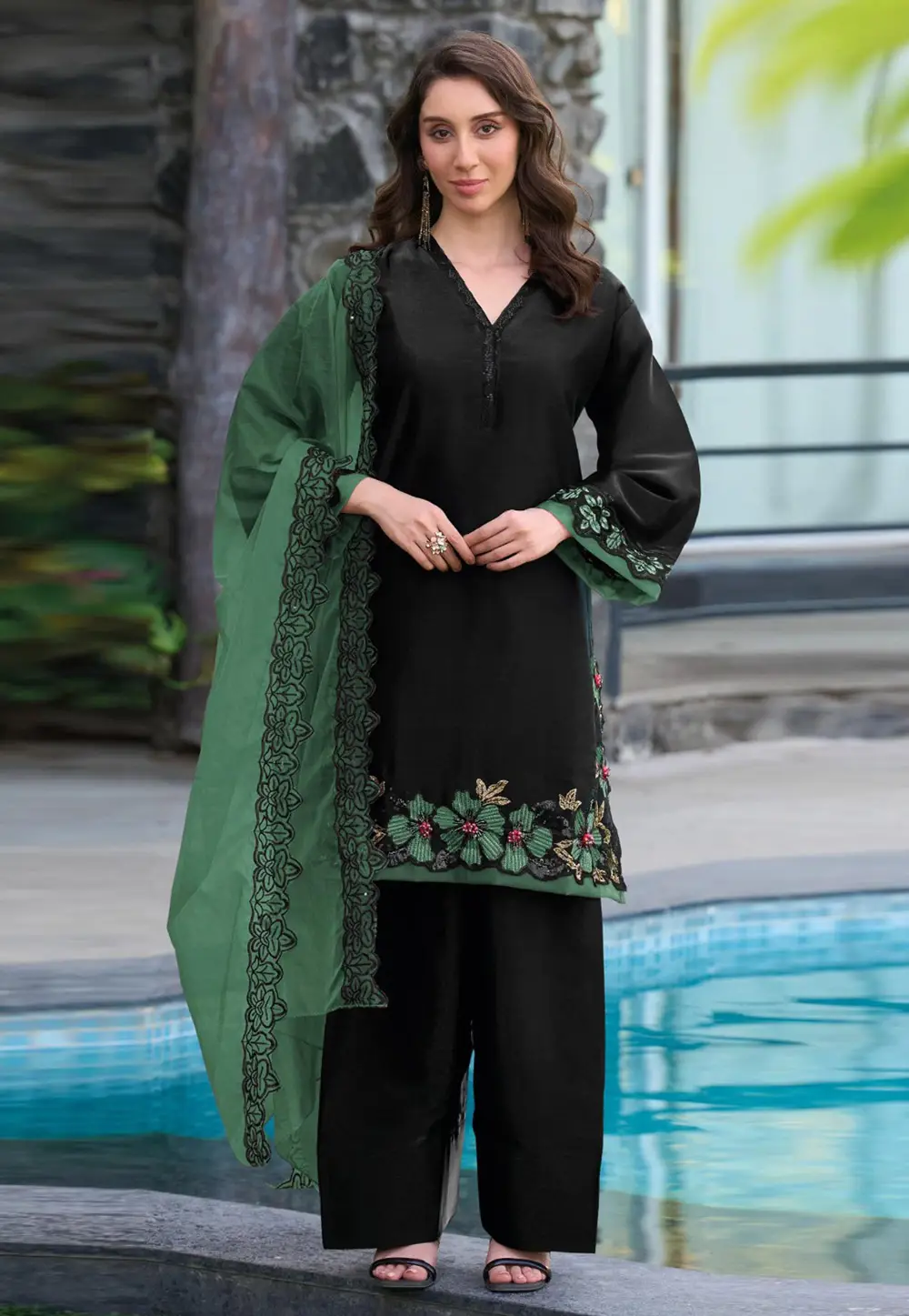 Black Satin Pakistani Suit 331329