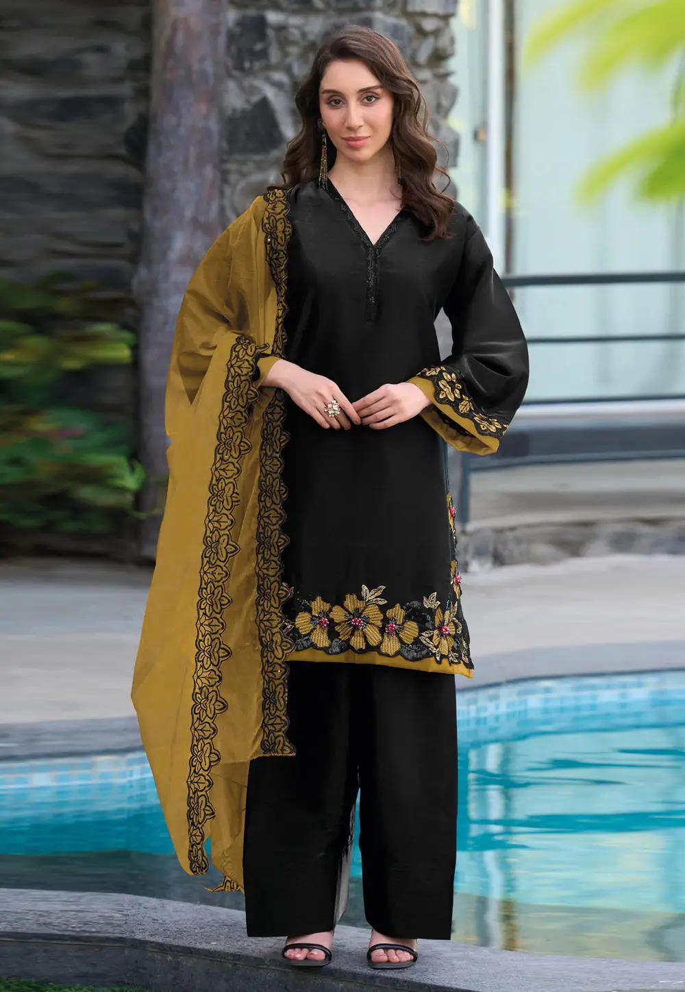 Black Satin Pakistani Suit 331331