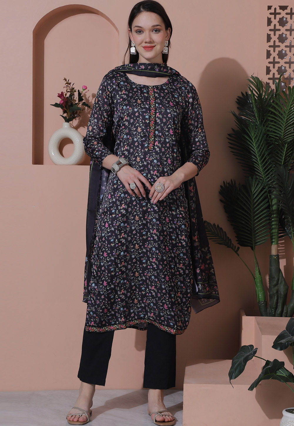 Black Satin Pakistani Suit 309909