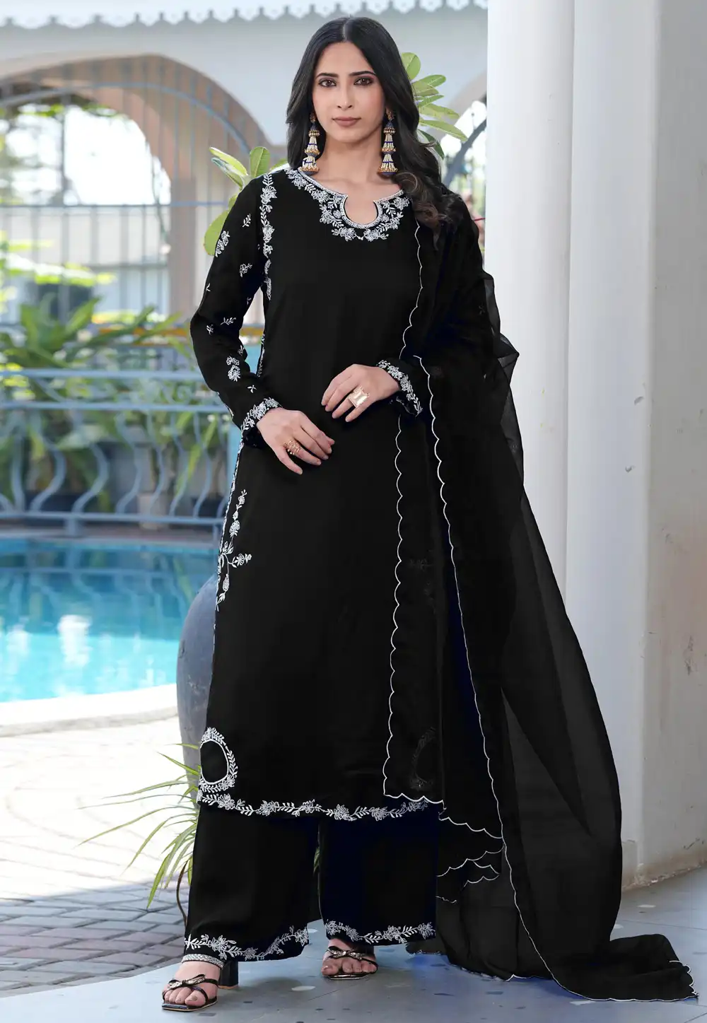 Black Satin Readymade Pakistani Suit 325020