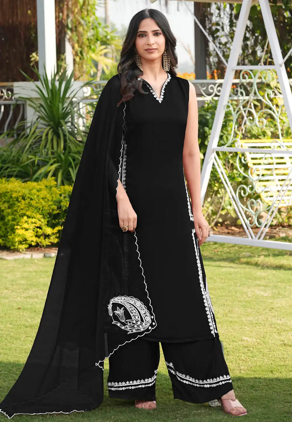 Black Satin Readymade Pakistani Suit 325051
