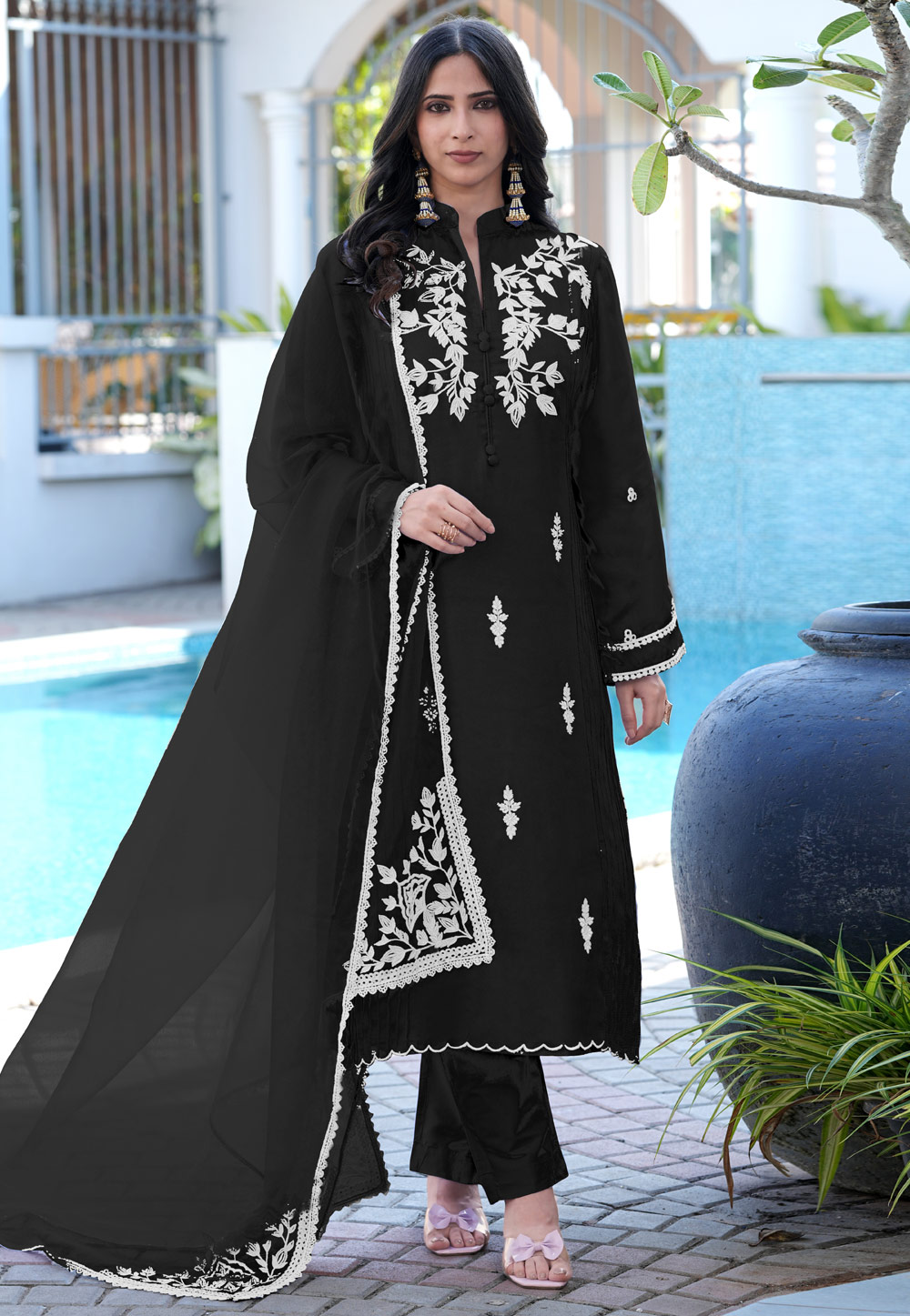 Black Satin Readymade Pakistani Suit 325066