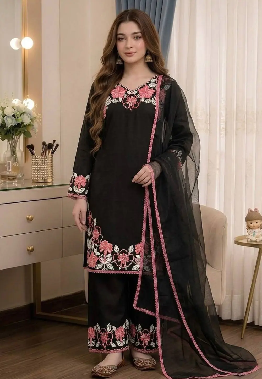Black Satin Readymade Pakistani Suit 331902
