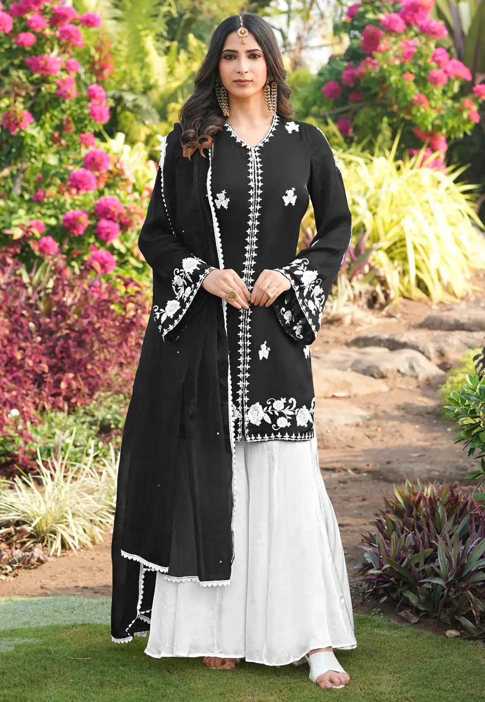 Black Satin Readymade Palazzo Suit 325056
