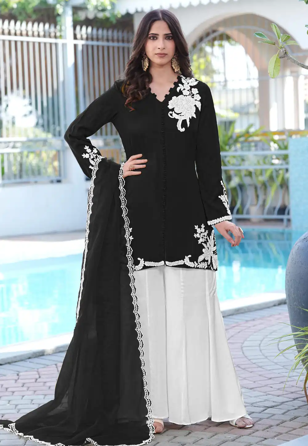 Black Satin Readymade Palazzo Suit 325064