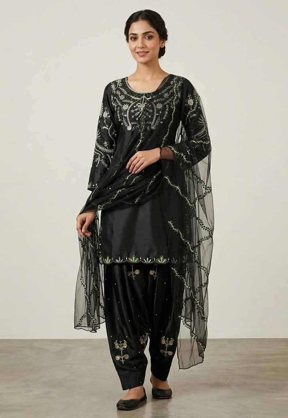 Black Satin Readymade Punjabi Suit 329820