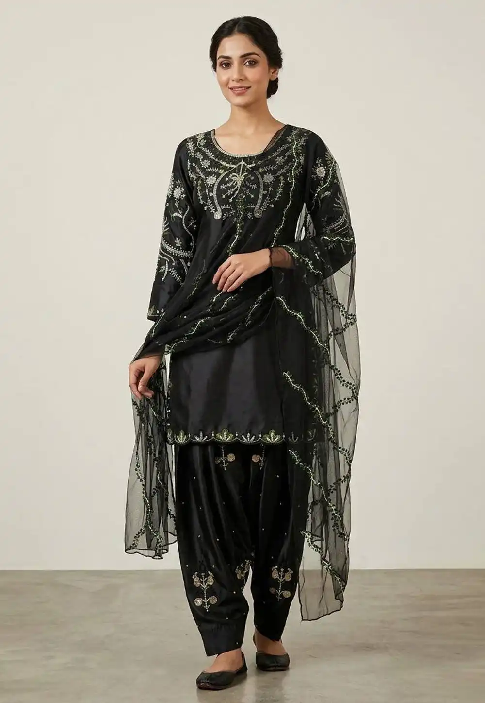 Black Satin Readymade Punjabi Suit 329820