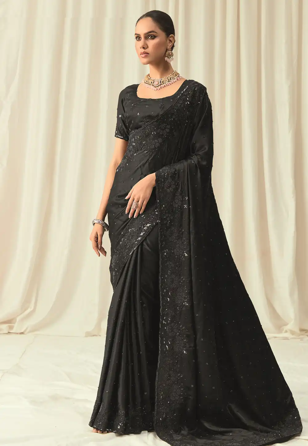 Black Satin Saree With Blouse 315504