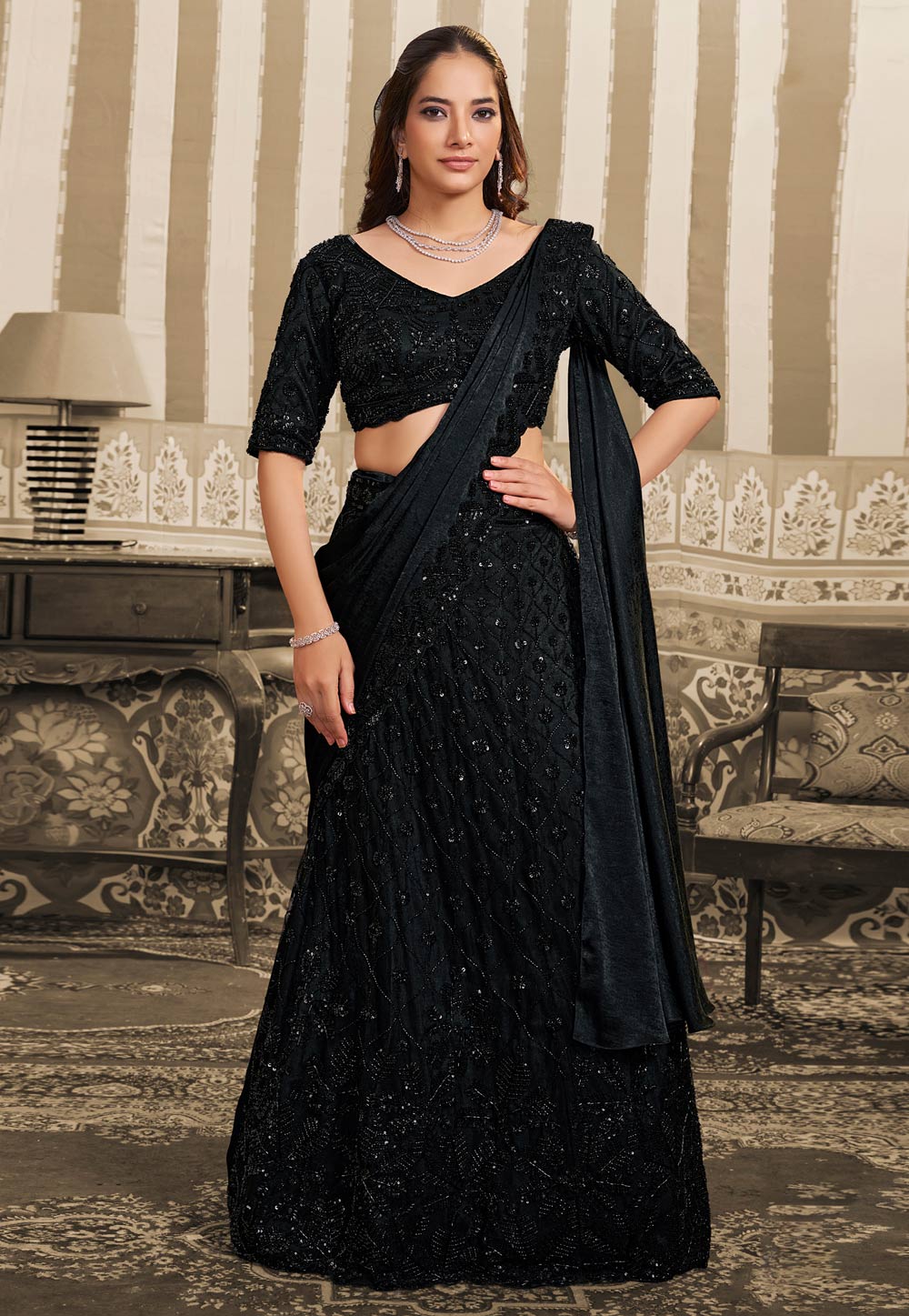 Black Satin Saree With Blouse 323668