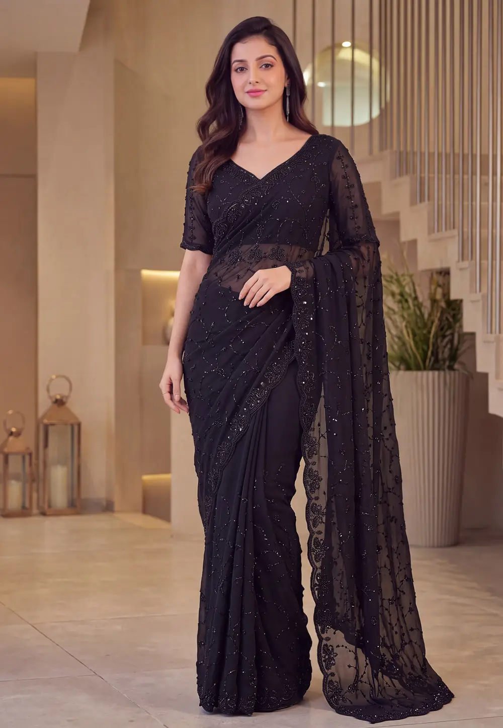 Black Satin Saree With Blouse 333596