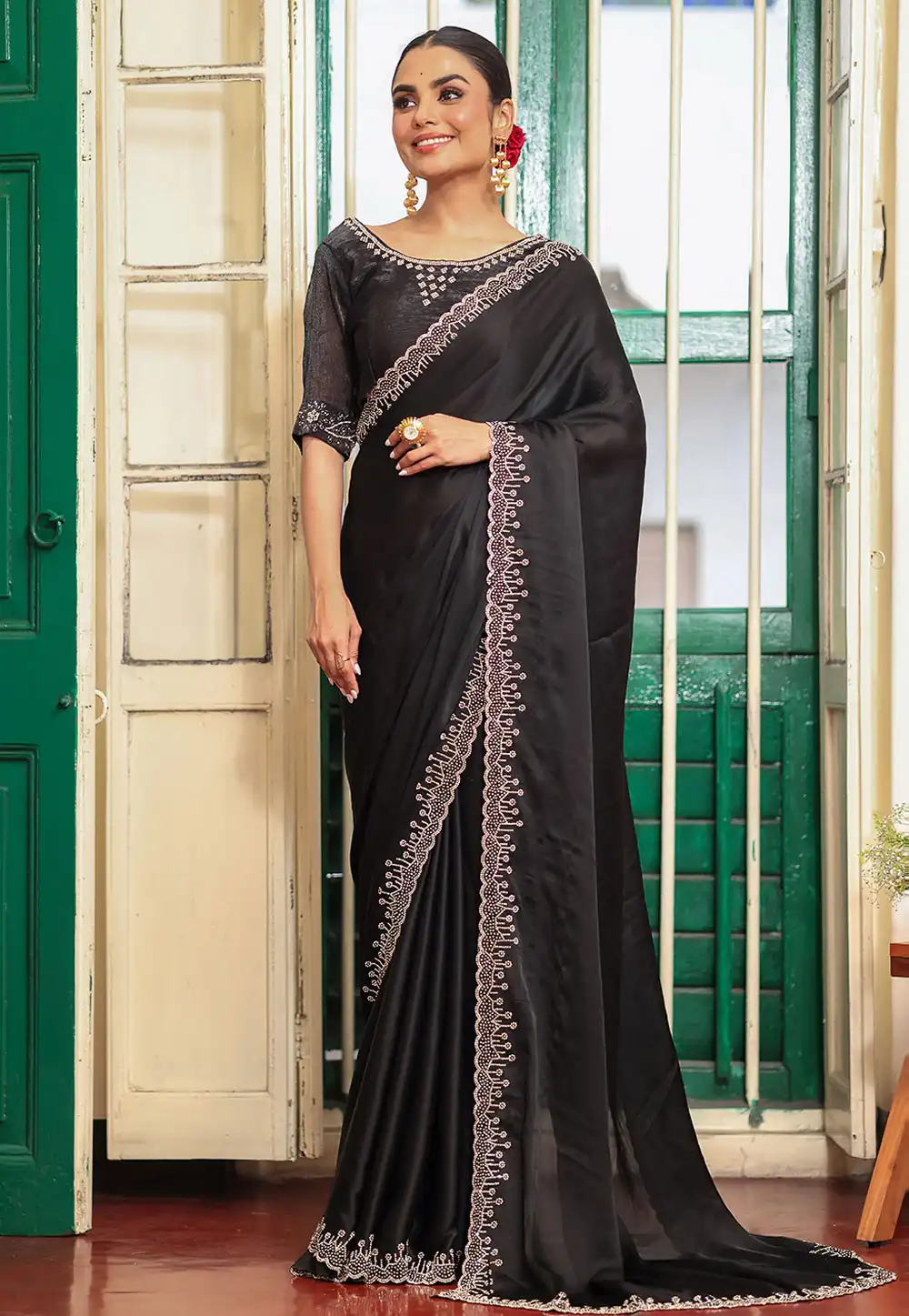 Black Satin Saree With Blouse 320123