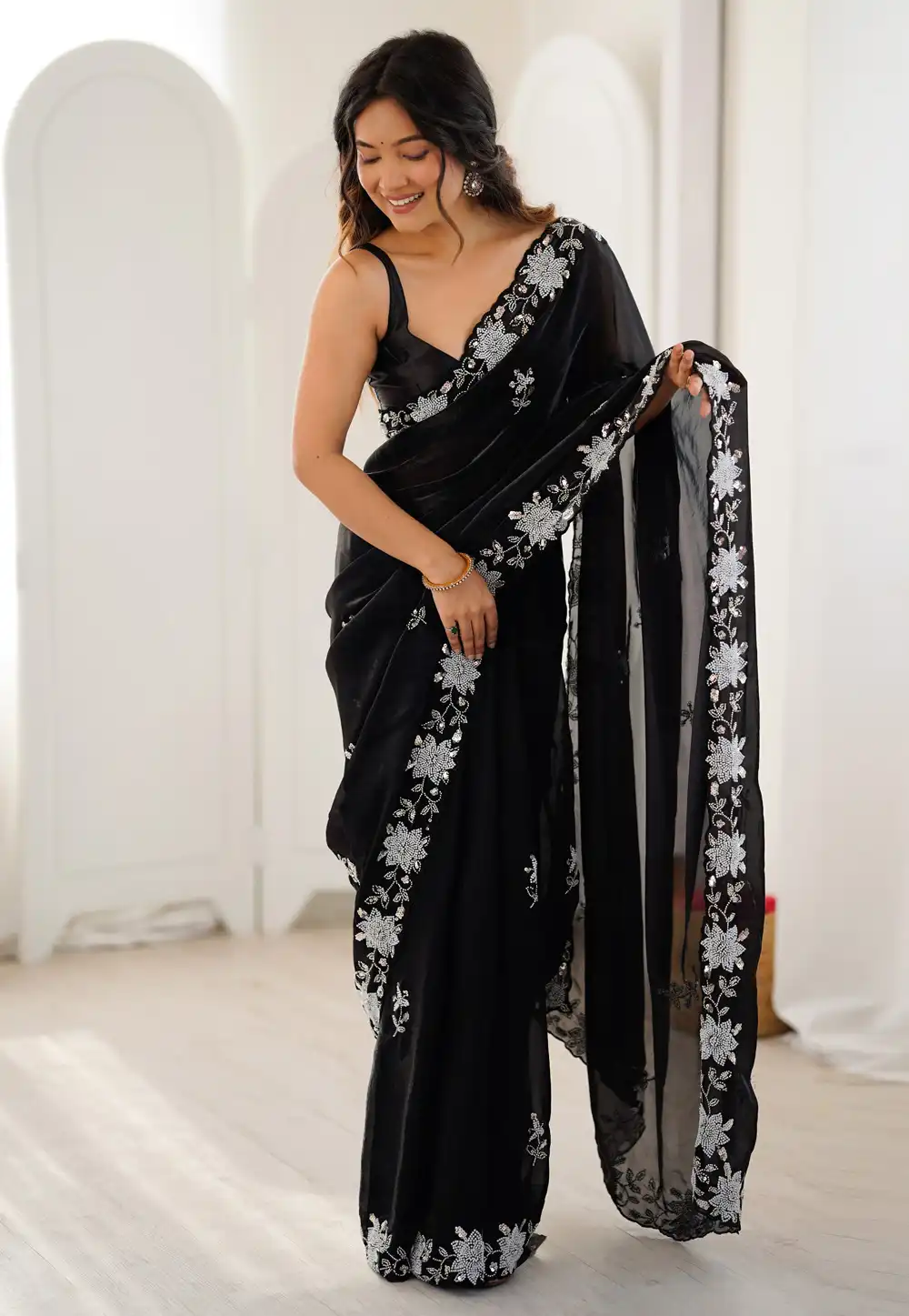 Black Satin Saree With Blouse 320283