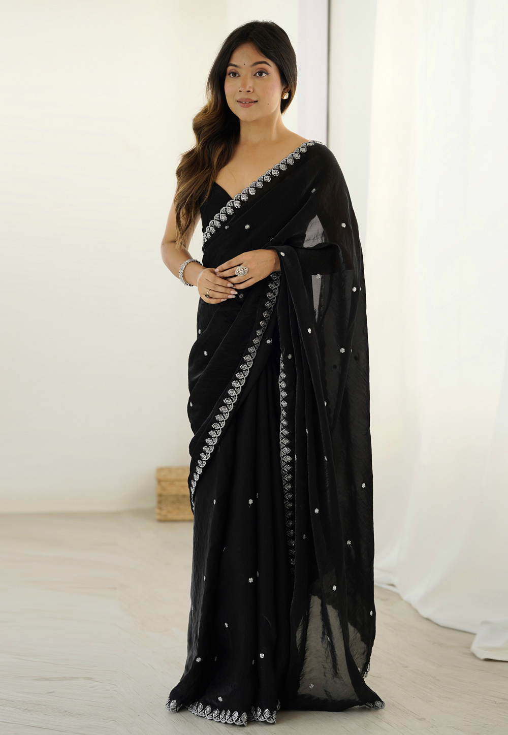 Black Satin Saree With Blouse 325651