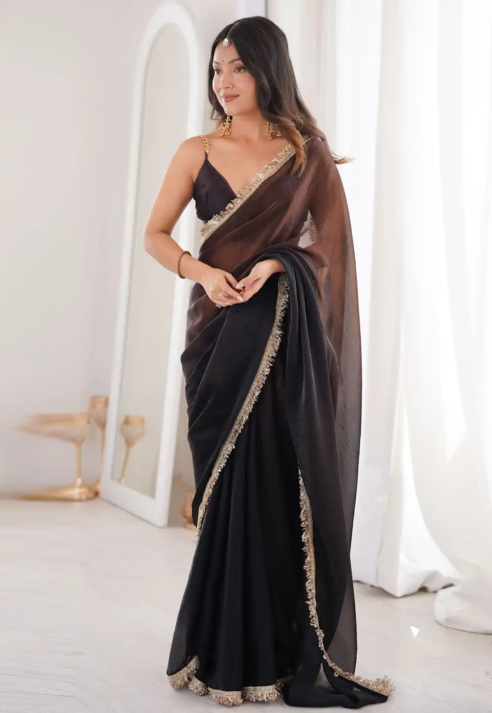 Black Satin Saree With Blouse 328757