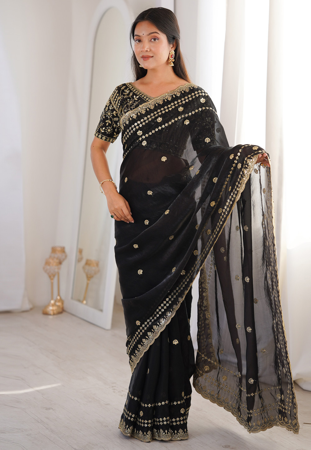 Black Satin Saree With Blouse 329548