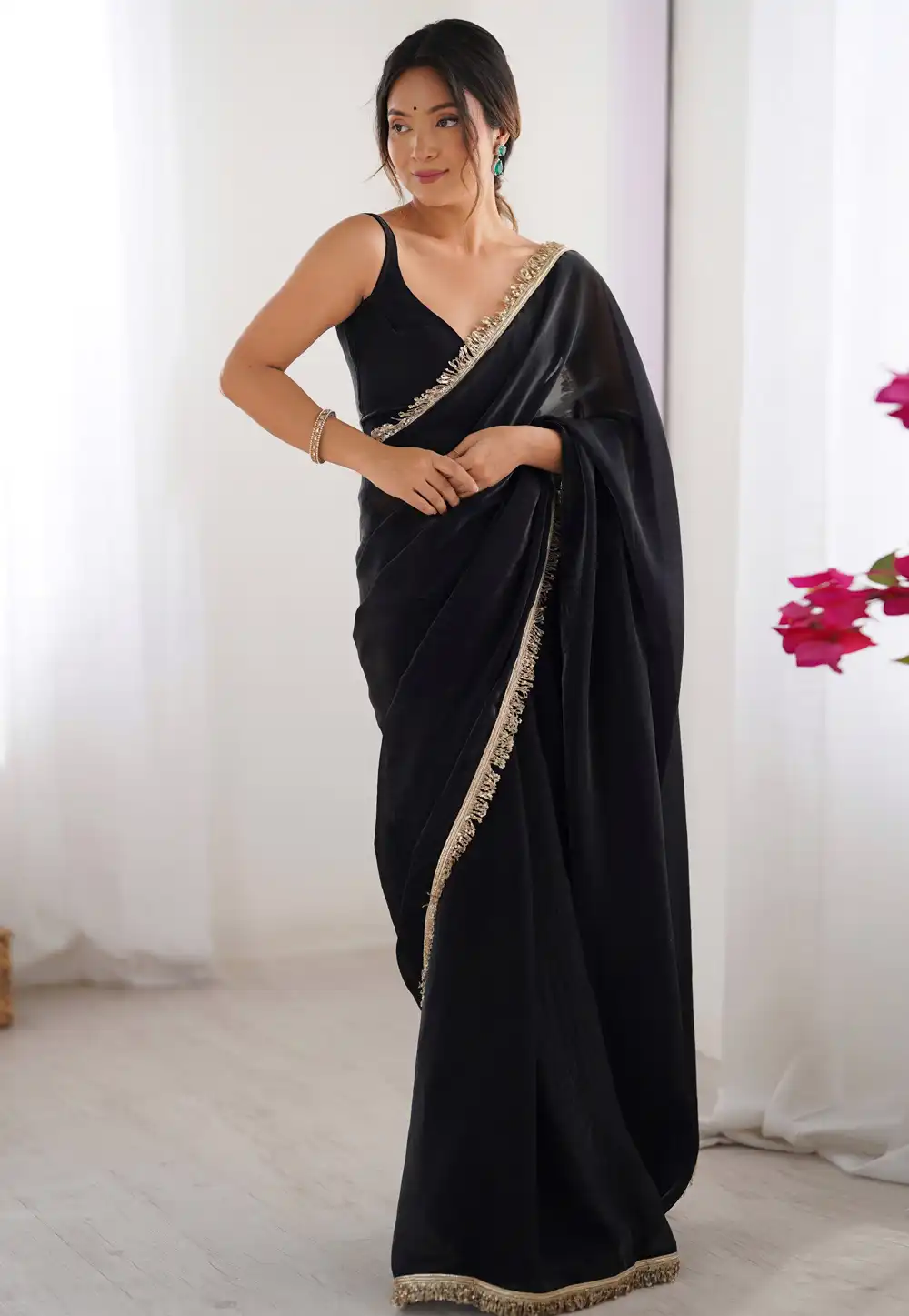 Black Satin Saree With Blouse 314254