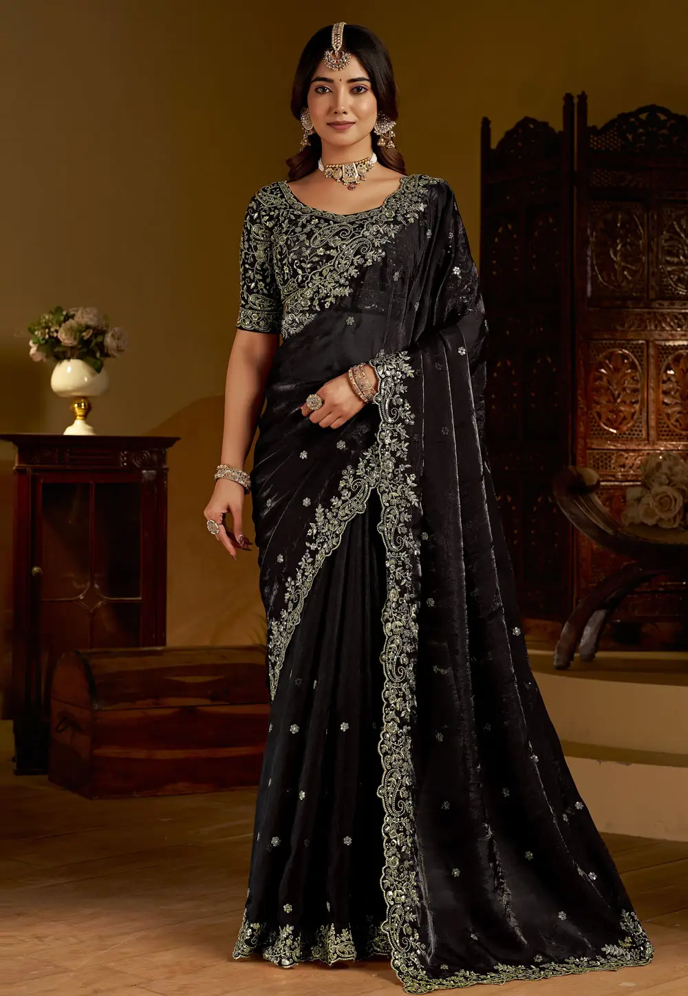 Black Satin Saree With Blouse 332574