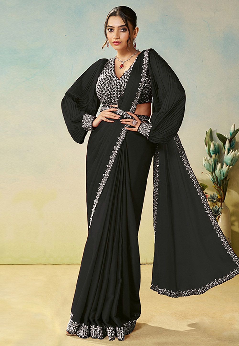 Black Satin Silk Designer Saree 325729