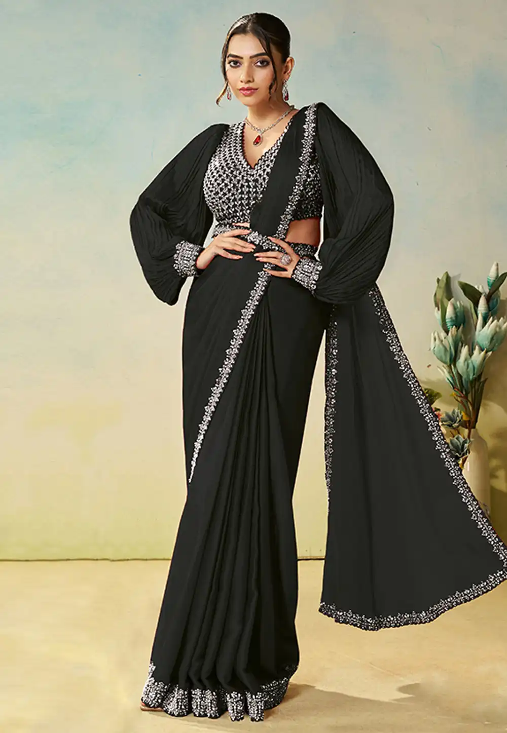 Black Satin Silk Designer Saree 325729
