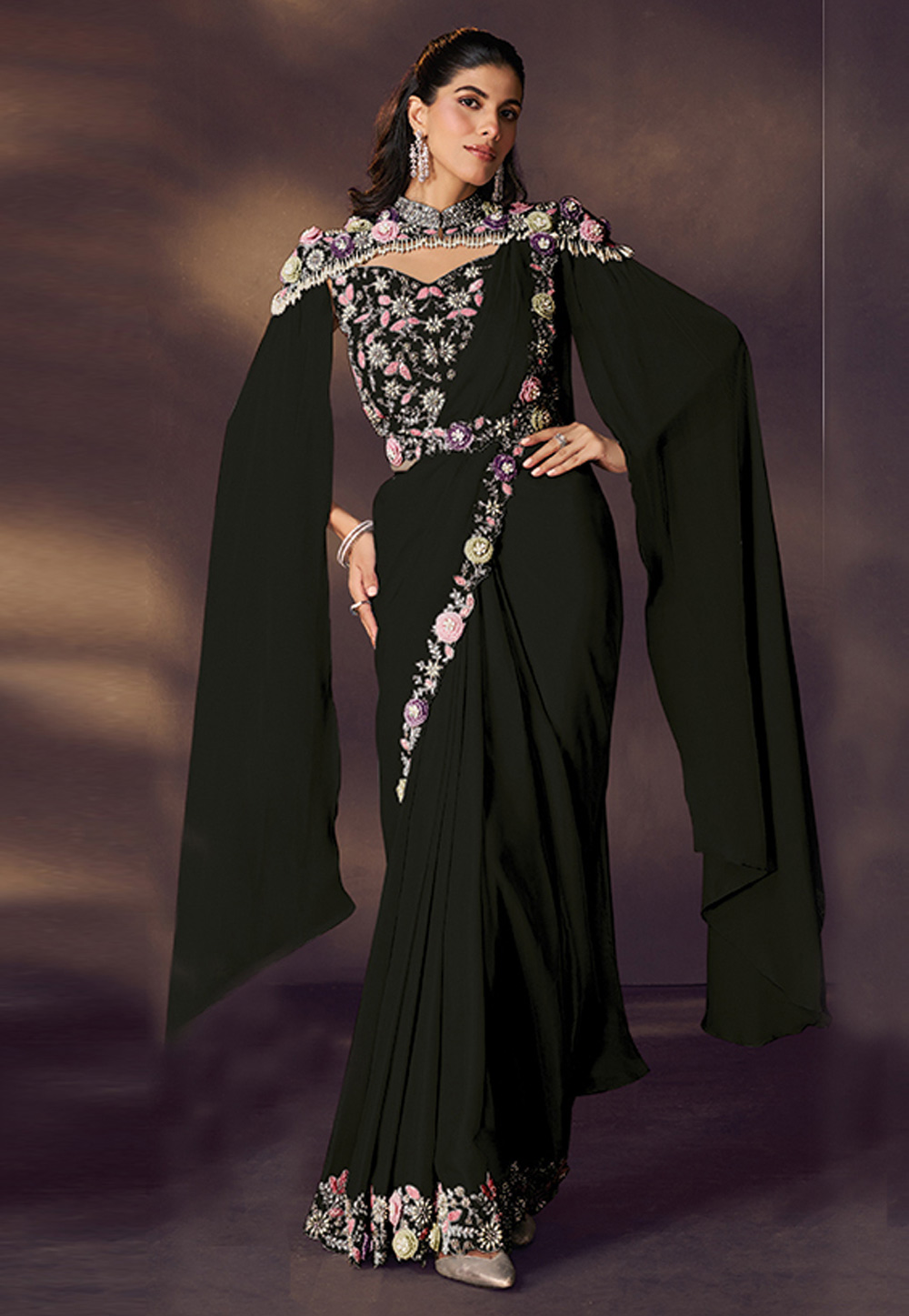 Black Satin Silk Designer Saree 325733