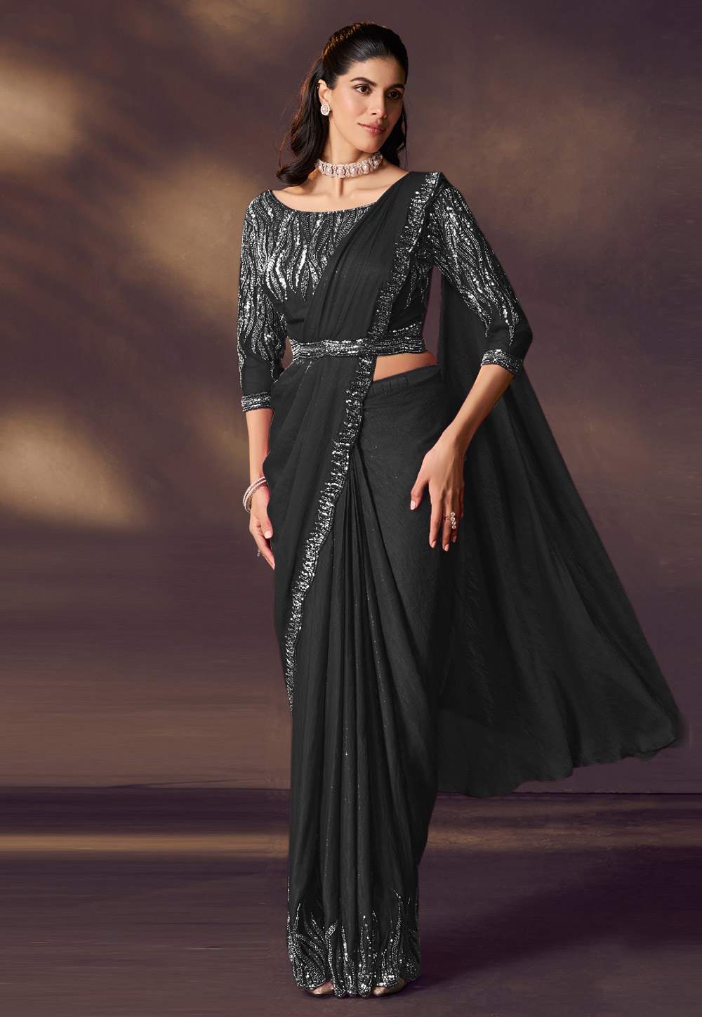 Black Satin Silk Designer Saree 325735