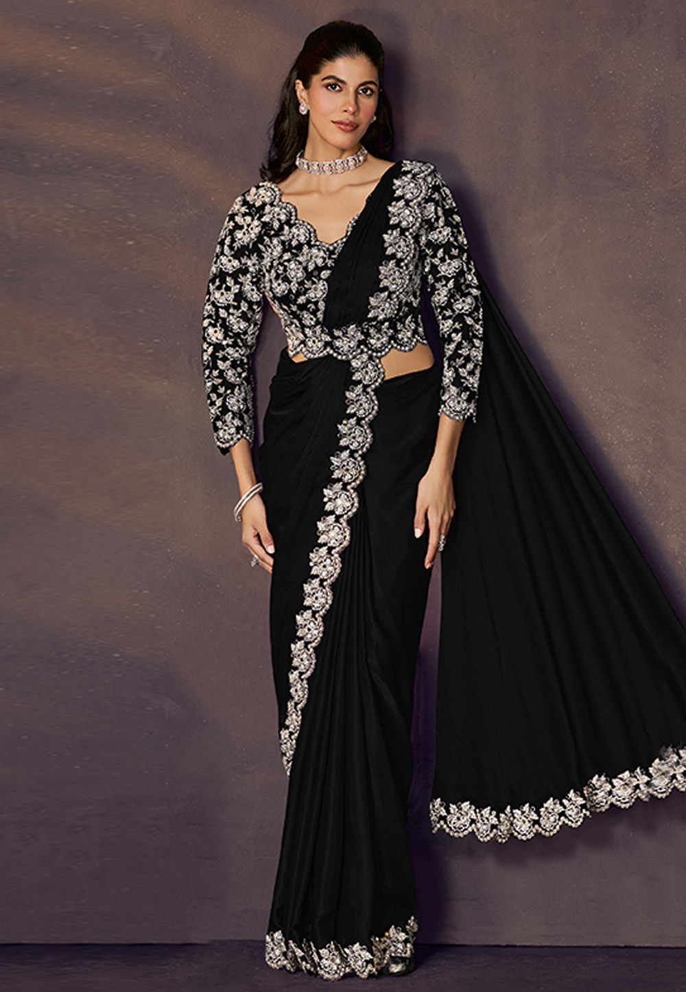 Black Satin Silk Designer Saree 325739