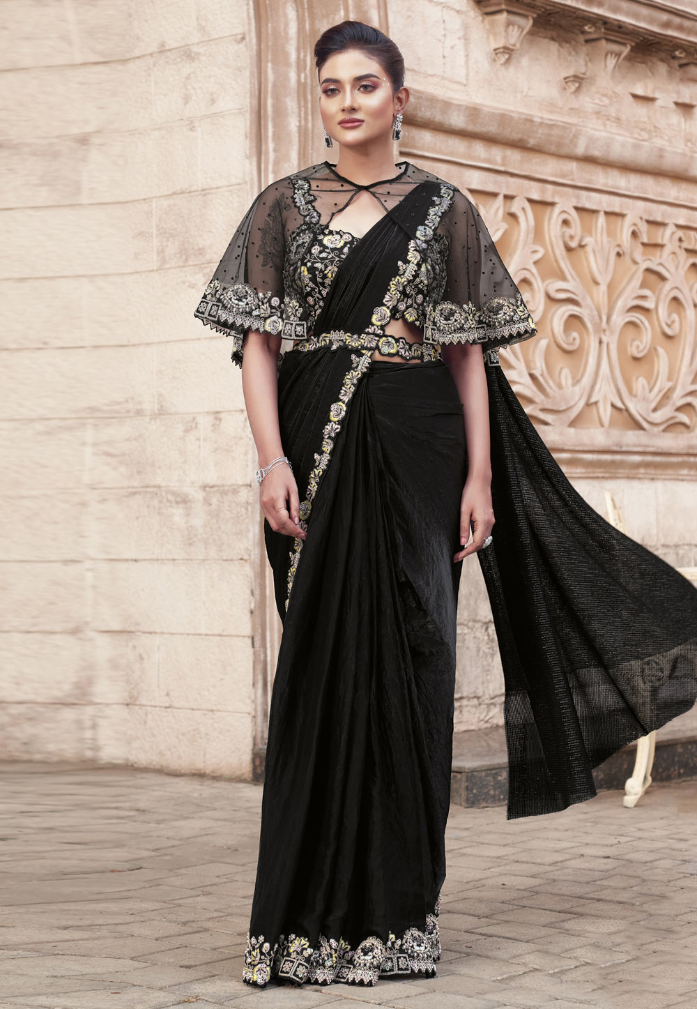 Black Satin Silk Designer Saree 307006