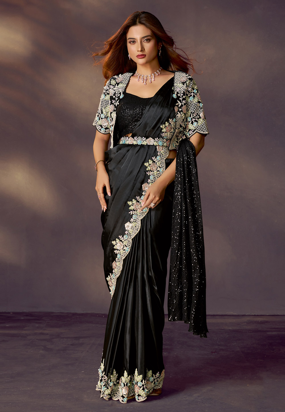 Black Satin Silk Designer Saree 318947
