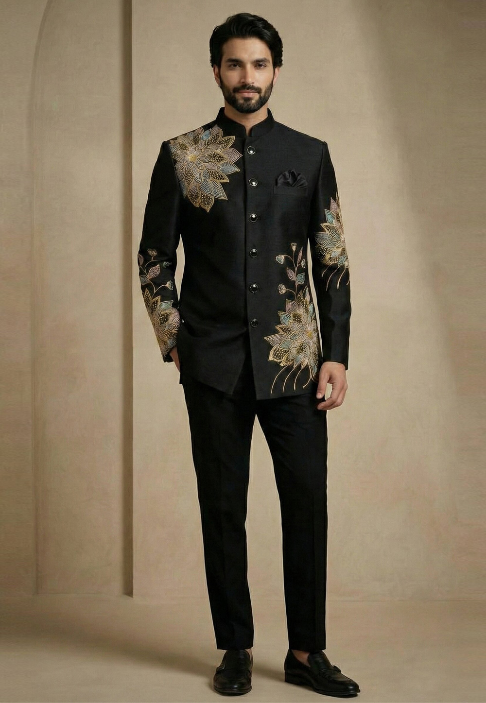 Black Satin Silk Jodhpuri Suit 324313