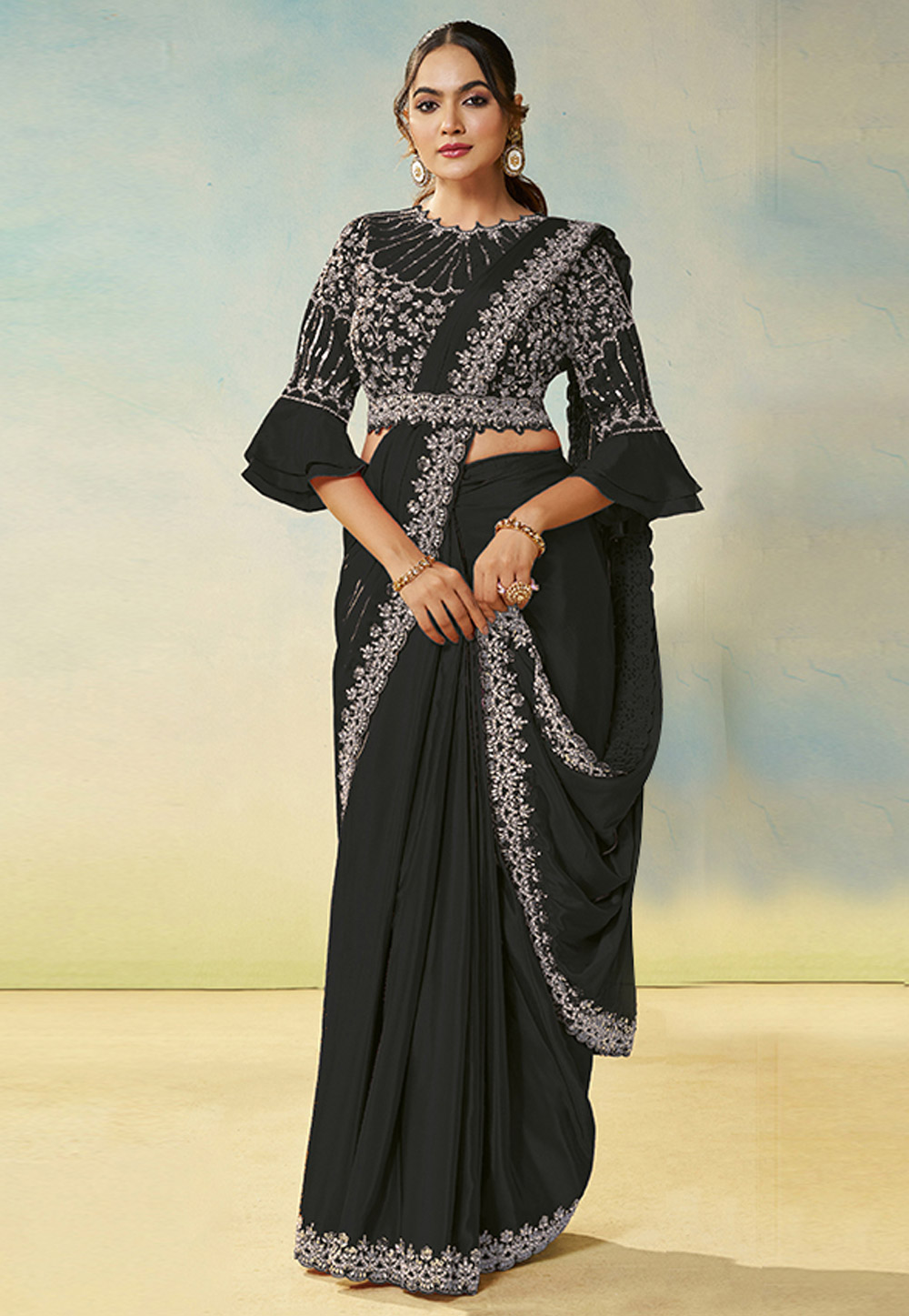 Black Satin Silk Lehenga Saree 325730