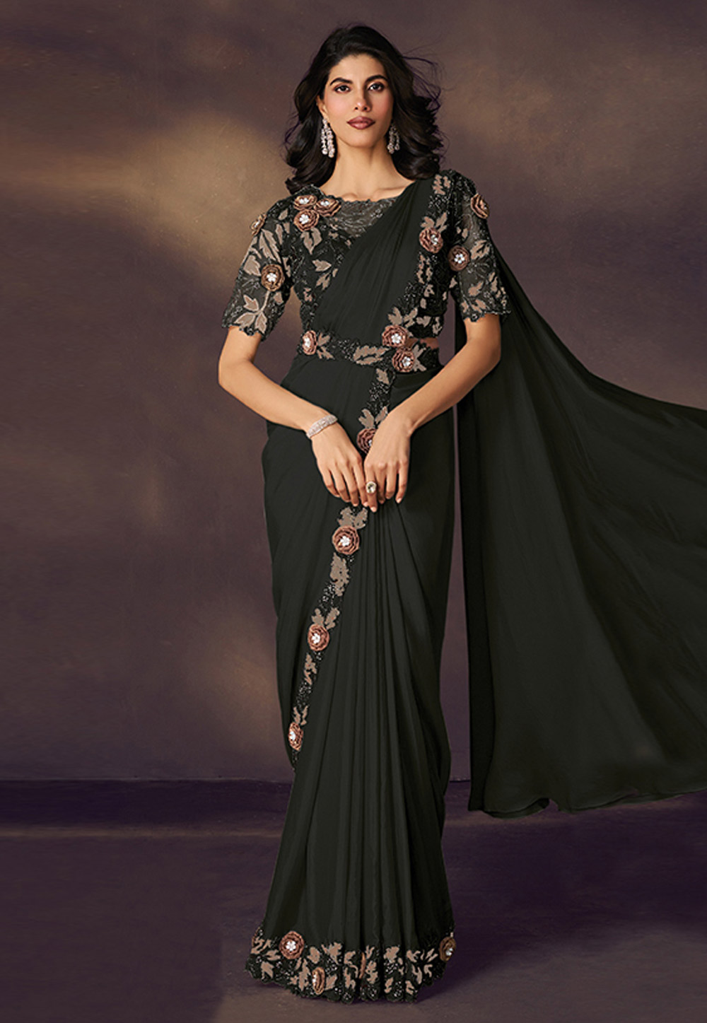 Black Satin Silk Lehenga Saree 325738