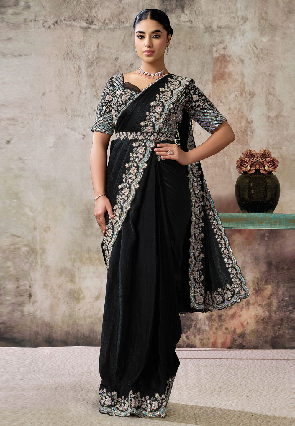 Black Satin Silk Lehenga Saree 324412