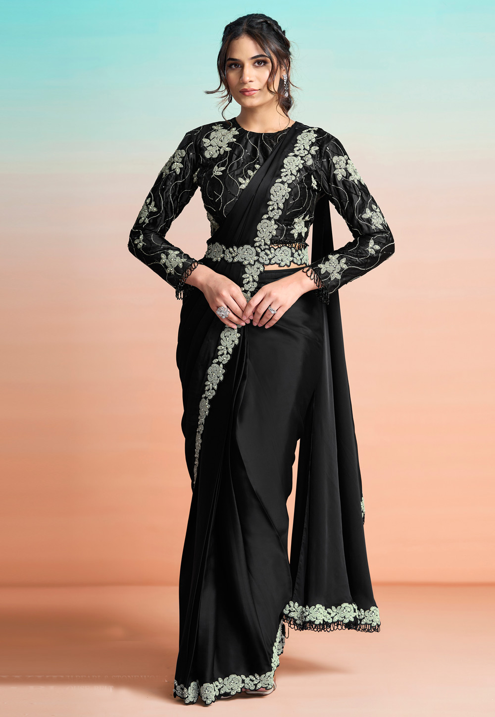 Black Satin Silk Lehenga Saree 327236